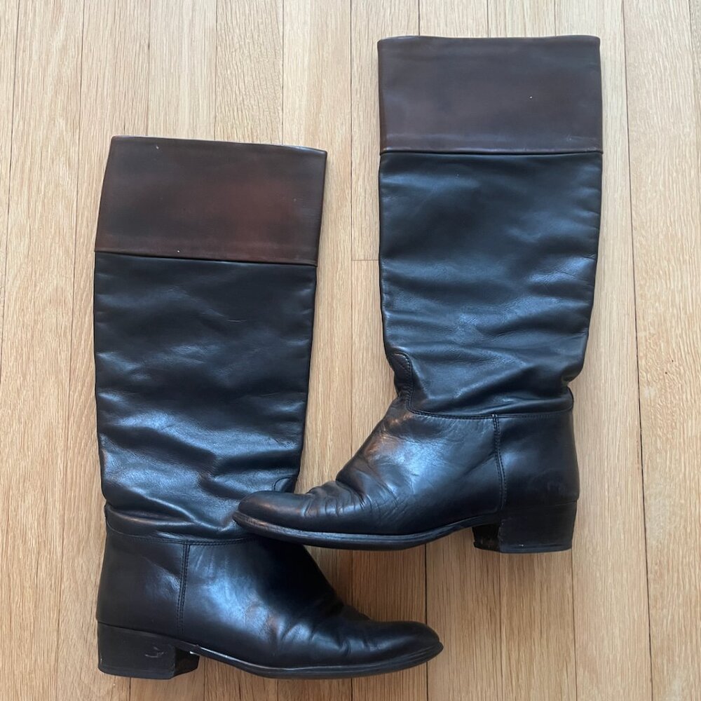two tone brown and black leather boot